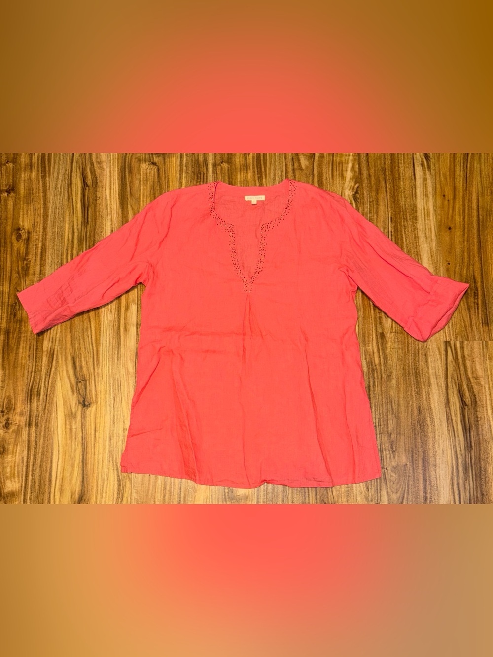 Eileen Fisher women medium 8 10 Coral Pink sequin V Neck Tunic top Irish linen